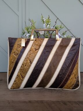 Varon 1970's vintage Striped Exotic Leather Top-Handle Bag in Brown, Tan & Cream